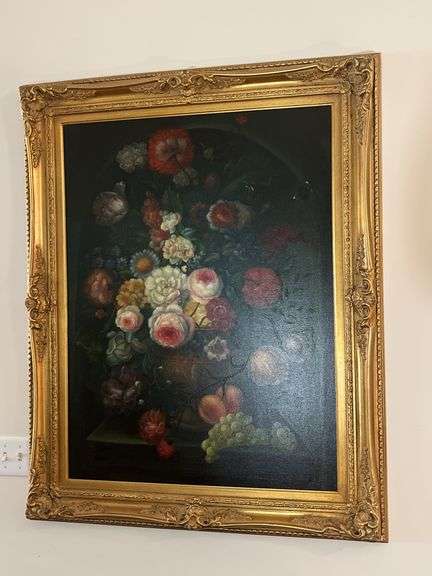 Floral Still Life Painting in Ornate Gold Frame image