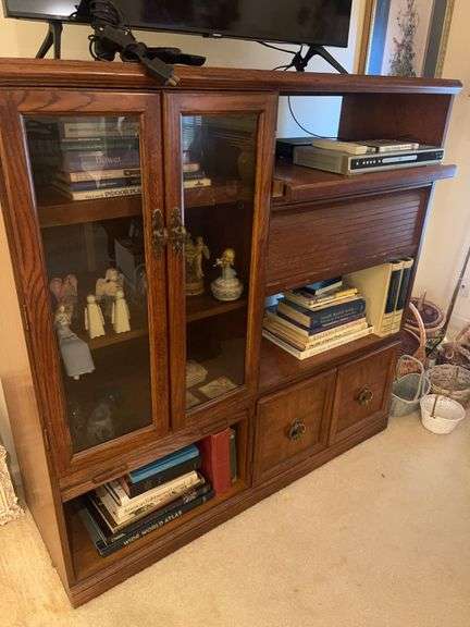 Wooden Entertainment Center with Glass Doors and Storage image