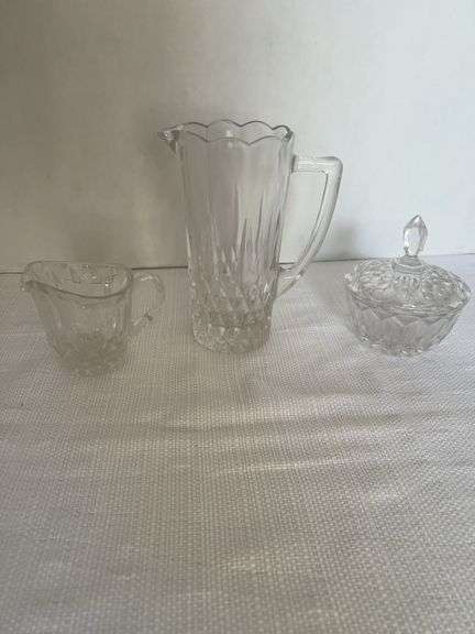Crystal Glass Pitcher, Creamer, and Covered Sugar Bowl Set image