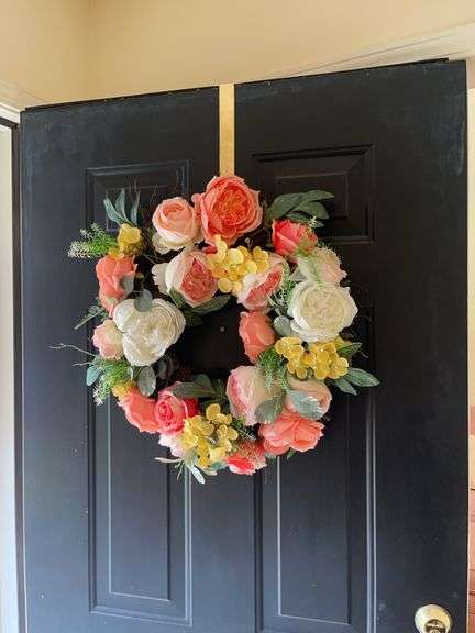Floral Door Wreath - Peach, Yellow, and White Flowers image