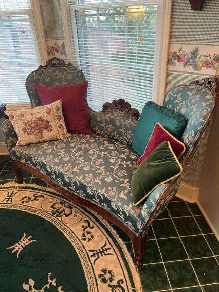 Floral Upholstered Settee with Carved Wood Details image