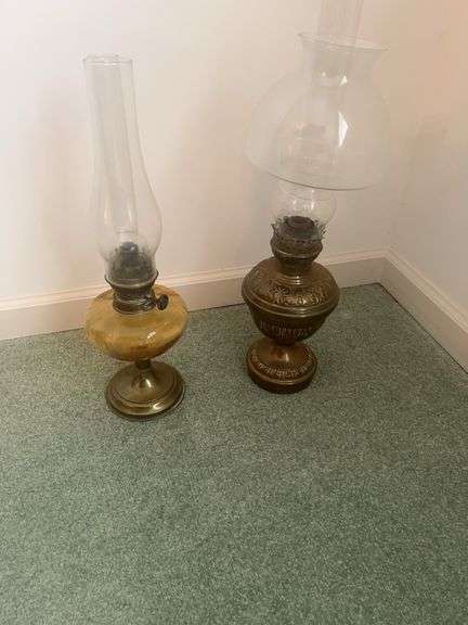 Pair of Brass Oil Lamps with Glass Chimneys image
