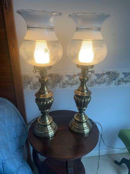 Pair of Brass Table Lamps with Floral Shades image
