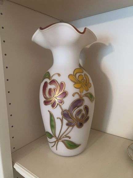 Decorative White Glass Vase with Floral Design image