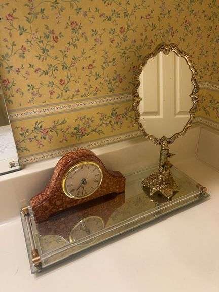 Marble Clock, Mirror, and Vanity Tray Set image