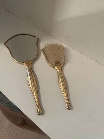 Ornate Gold-Tone Brush and Hand Mirror Set image