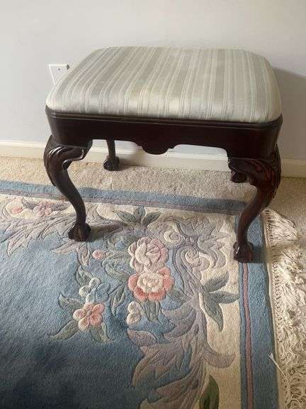 Upholstered Mahogany Stool with Carved Claw Feet image