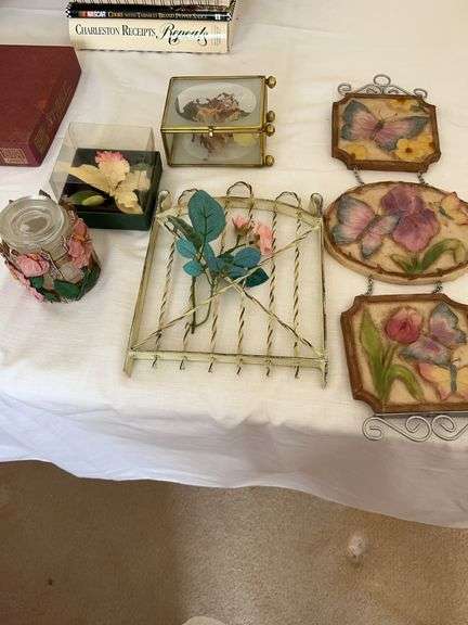 Assorted Decorative Floral Collectibles - Glass Box, Jar, Hanging Art image