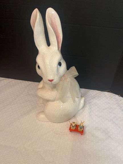 Ceramic White Rabbit Figurine with Miniature Rabbits at Desk image