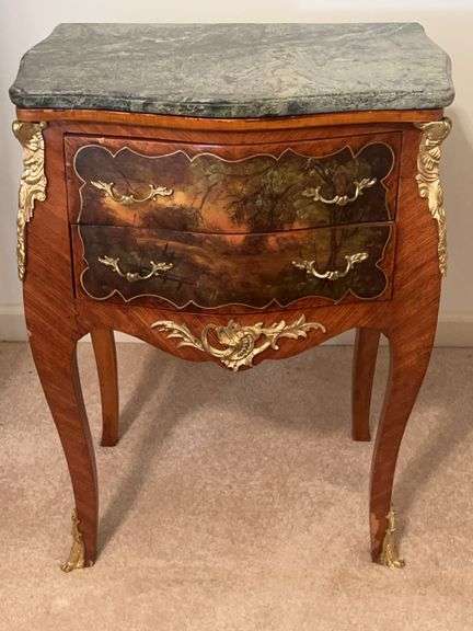 Marble Top Two-Drawer Side Table with Painted Landscape image