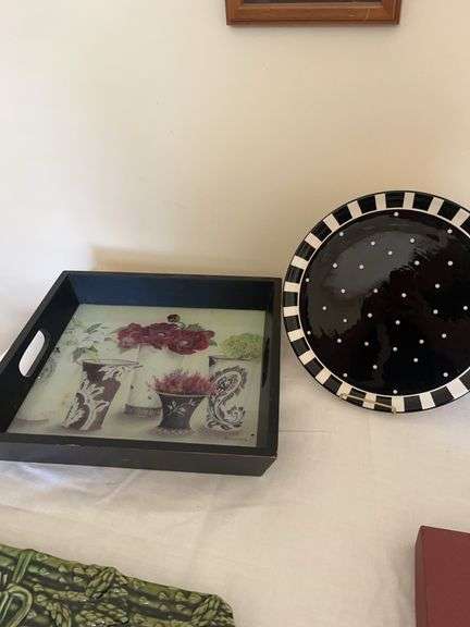 Black Tray with Floral Design and Decorative Plate image