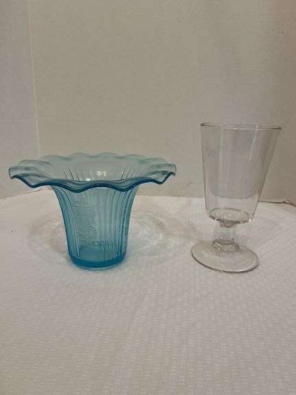 Clear Footed Glass Vase & Blue Embossed Vase image