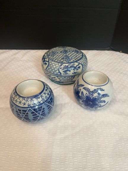 Blue and White Decorative Ceramic Grouping: Covered Dish and Two Candle Holders image