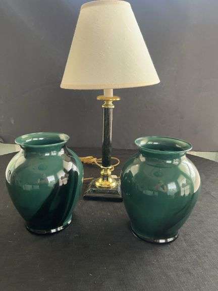Lamp with Marble Accents and Pair of Green Vases image