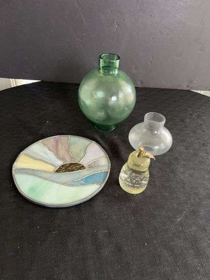 Assorted Decorative Glass Items: Green Vase, Stained Glass Panel, and Glass Pear Figurine image
