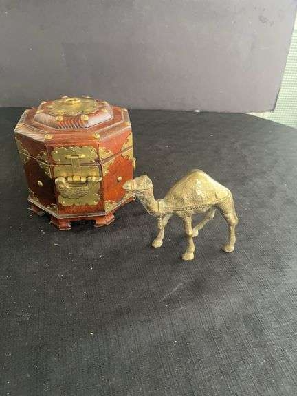 Ornate Wooden Box with Brass Camel Figurine image