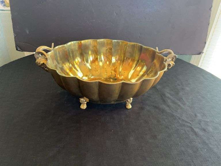 Ornate Brass Bowl with Goat Head Accents image