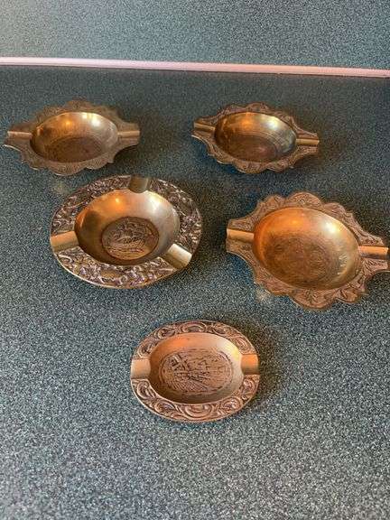 Lot of 5 Brass Ashtrays with Detailed Designs image