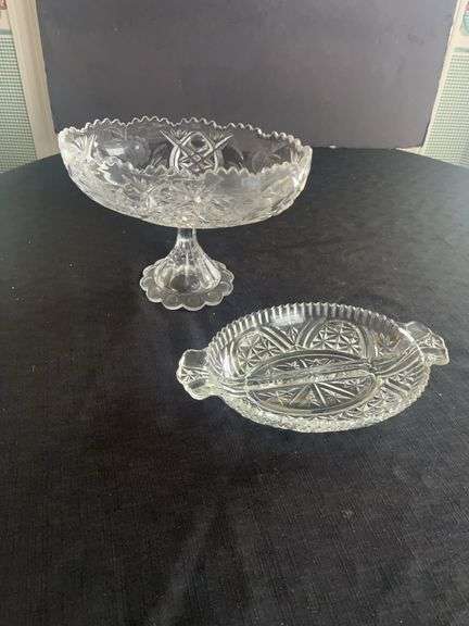 Cut Glass Serving Set - Oval Divided Dish & Footed Bowl image
