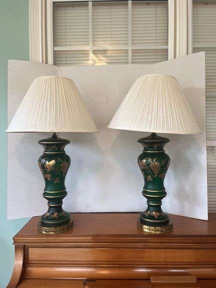 Pair of Green and Gold Accent Lamps with Shades image