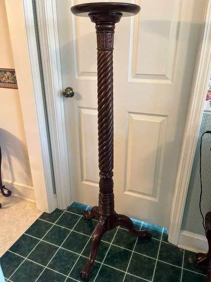 Dark Wood Plant Stand with Carved Accents image