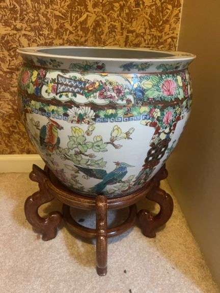 Large Decorative Ceramic Fishbowl Planter with Wooden Stand image