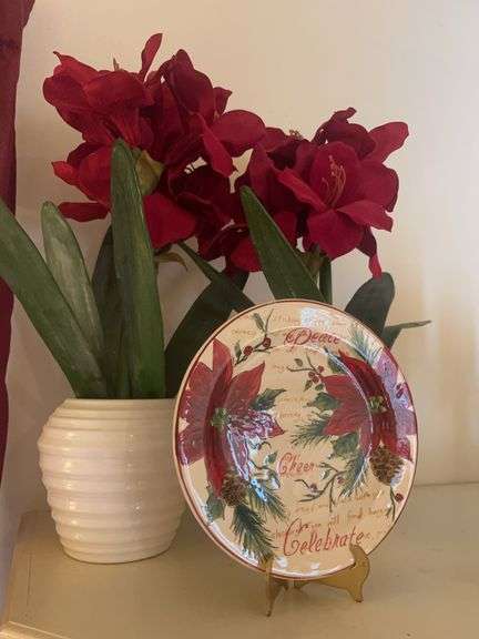 Festive Decorative Plate with Stand and Floral Planters image