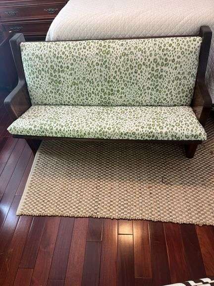 Upholstered Wood Bench with Green and White Patterned Fabric image