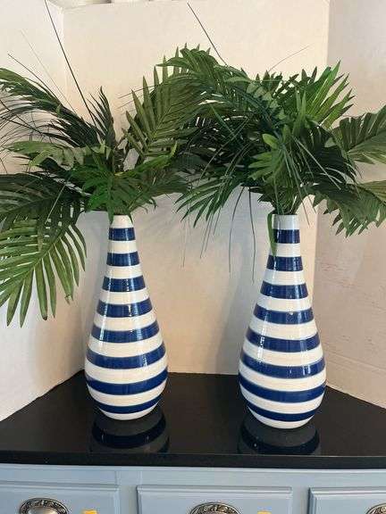 Pair of Blue & White Striped Ceramic Vases image