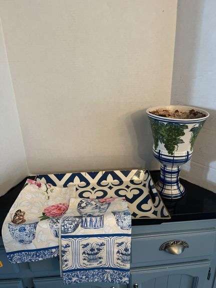 Blue & White Themed Decor Group: Tray, Urn Planter, and Decorative Towels image
