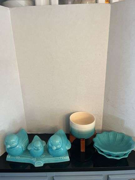 Lot of 4 Turquoise Ceramic Items - Bird Family, Planter, and Bowls image