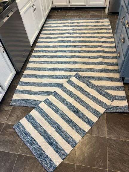 Two Striped Blue and White Woven Rugs image