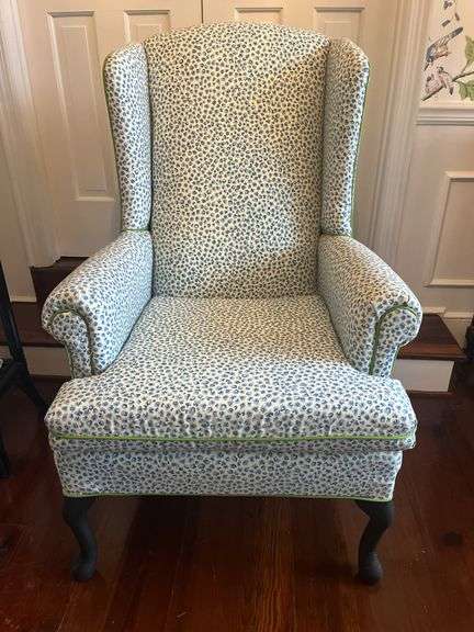 Upholstered Wingback Armchair with Blue Pattern image