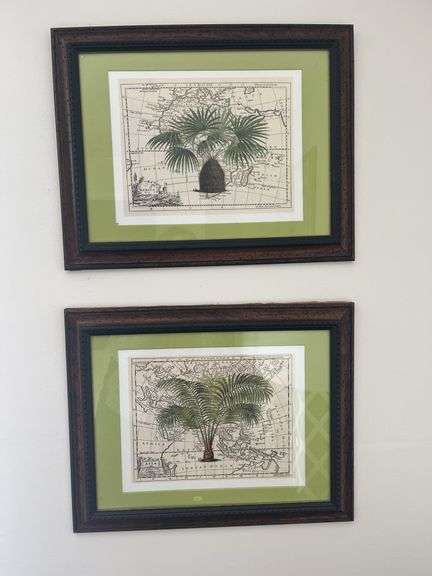 Pair of Botanical Prints on Map Backgrounds in Wooden Frames image