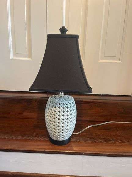 Stylish Table Lamp with Pierced Ceramic Base and Black Shade image