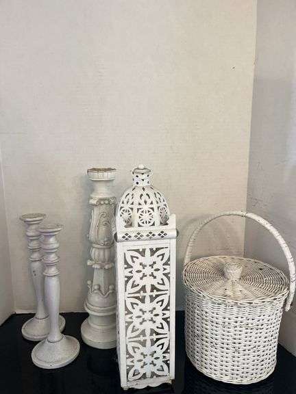White Decorative Accents: Candlesticks, Lantern, and Basket image
