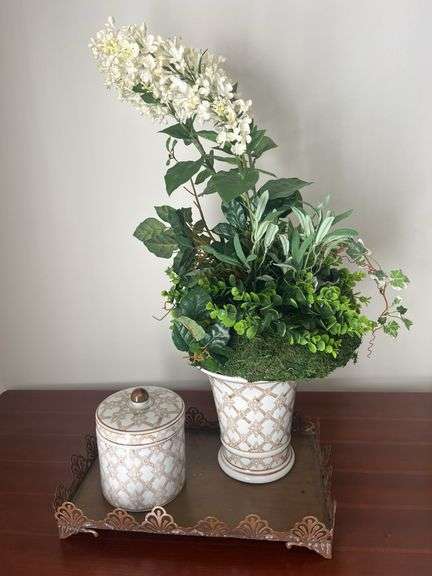 Decorative Set: Floral Arrangement, Covered Jar, and Metal Tray image