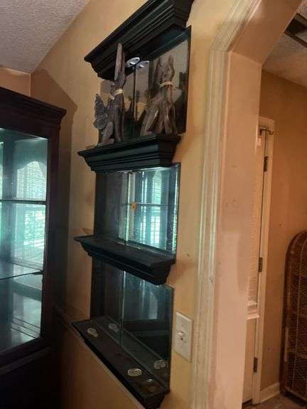 Mirrored wall shelves with contents