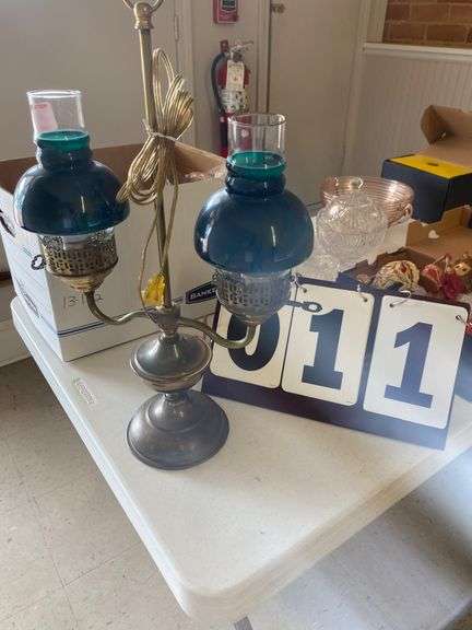 VINTAGE BRASS AND GREEN HURRICANE LAMP image