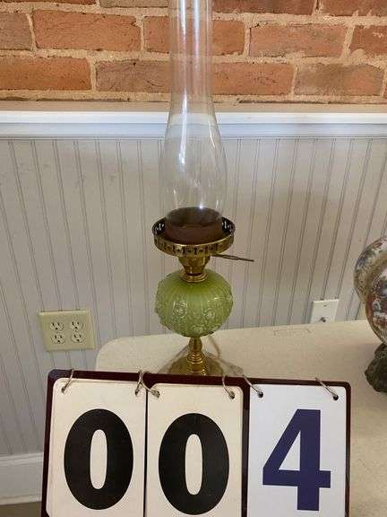 VINTAGE GREEN AND BRASS HURRICANE LAMP image