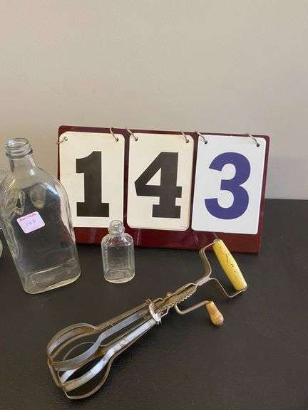 TWO VINTAGE BOTTLES AND EGG BEATER image