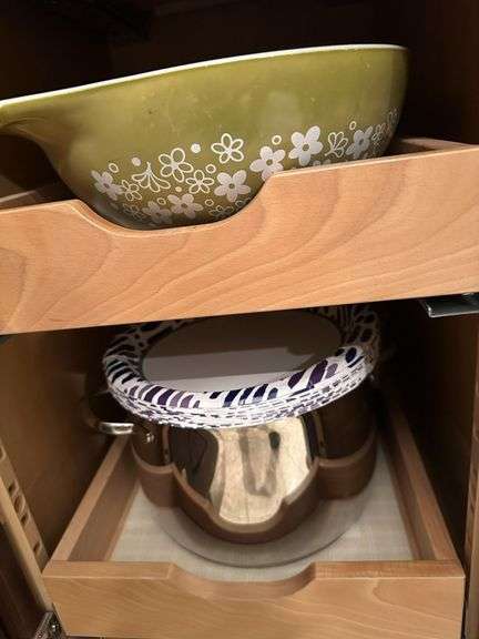 Pyrex/ Cookware (2 shelves), Utensils in drawer