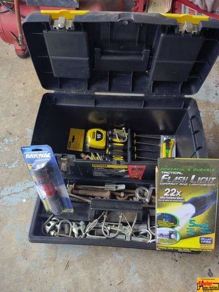 Toolbox Containing Stanley Tape Measure, Screwdrivers, Flashlights & Hardware image