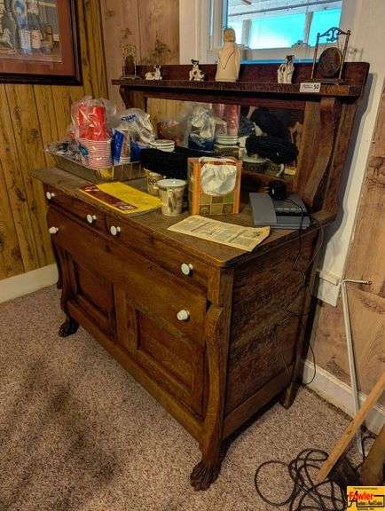 Vintage Wood Sideboard With Mirrored Back