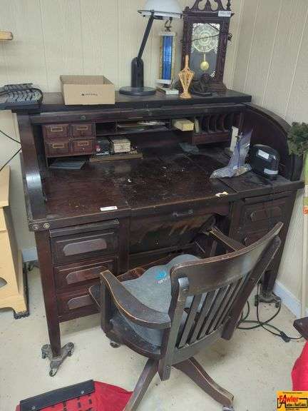 Vintage Roll Top Desk & Chair (Contents Not Included) image