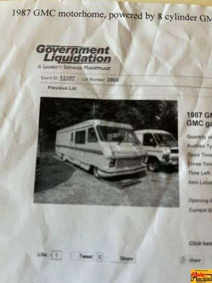 1987 NASA GMC RV (located 1/2 mile from 821 Old River Road across from “Event Center” by parking lot); miles unknown; Bill Of Sale Only image