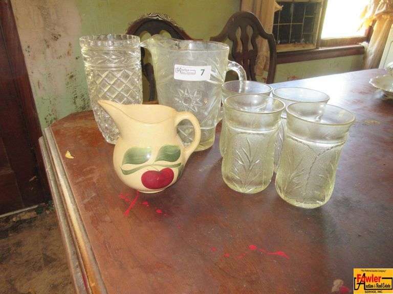 Vintage Watts Pottery Pitcher, (2) Pressed Glass Pitchers & (4) Frosted Glasses image