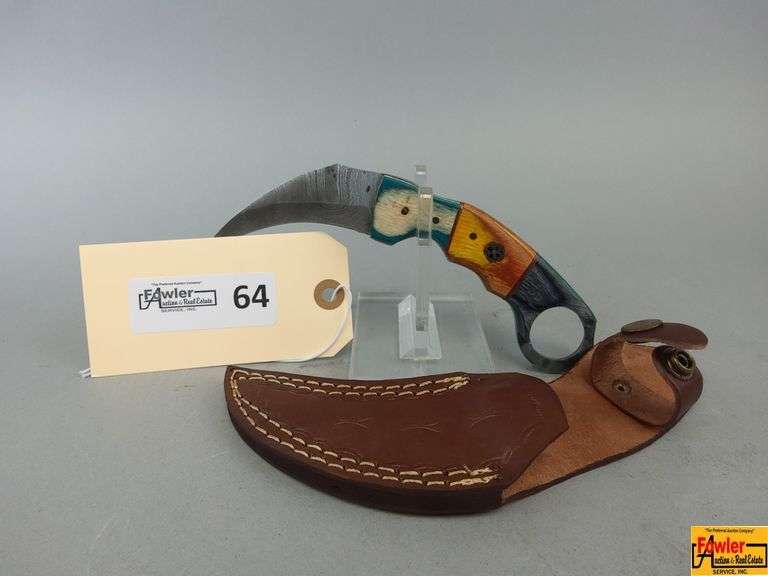 Karambit Style Knife with Wood Handle and Leather Sheath image