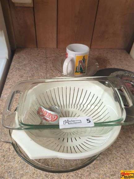 Mixed Kitchenware Lot: Baking Dish, Colander, Mug, and More image
