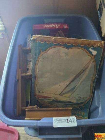 Box with Scrabble Game, Book, Toy Car, and Household Items image